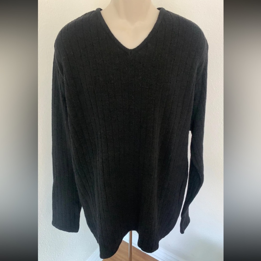 PERRY ELLIS Mens V-Neck Black Knit Stripes Sweater Top Blouse Size L